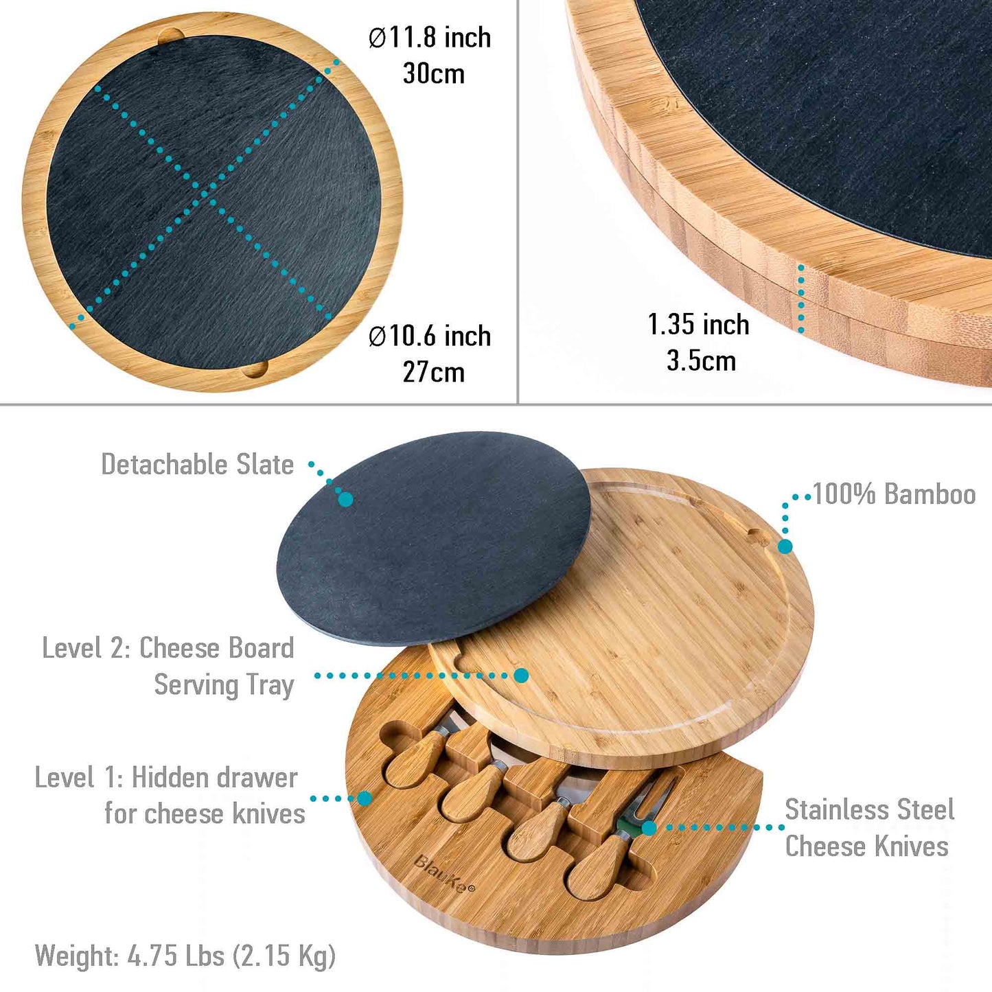 Bamboo Round Cheese Board with Slate Center